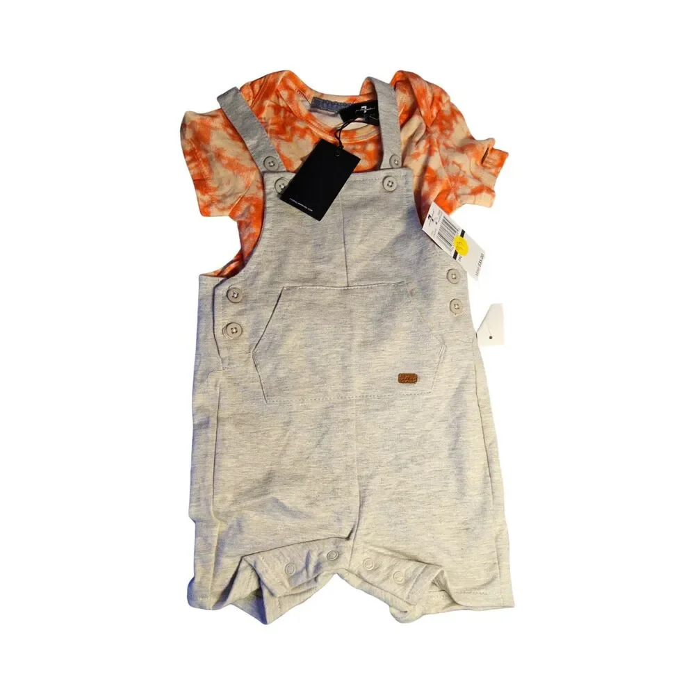7 for all Mankind size 18 mos boys gray overall and orange tie-dye shirt set NWT